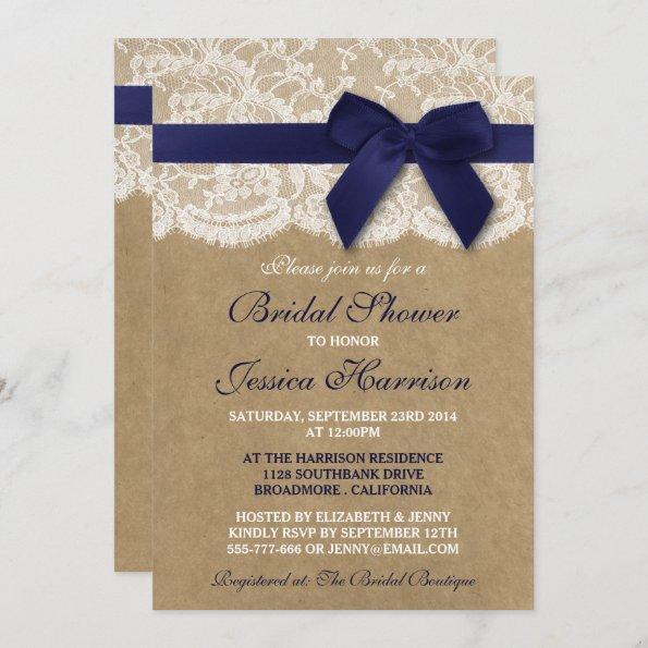 Navy Ribbon On Kraft & Lace Bridal Shower Invitations