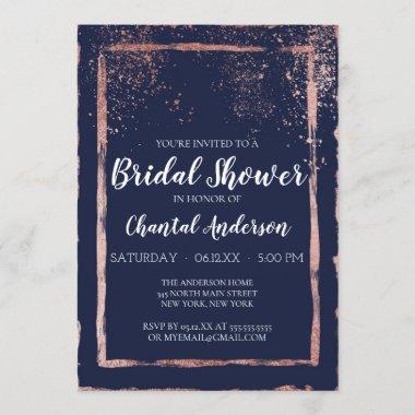 Navy Rose Gold Confetti Brushstroke Bridal Shower Invitations
