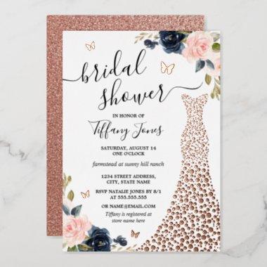 Navy Rose Gold Dress Bridal Shower Foil Invitations