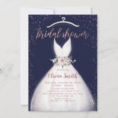 Navy Rose Gold Elegant Dress Bridal Shower Invitat Invitations