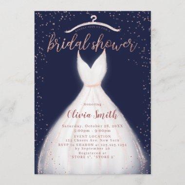 Navy Rose Gold Elegant Dress Bridal Shower Invitations