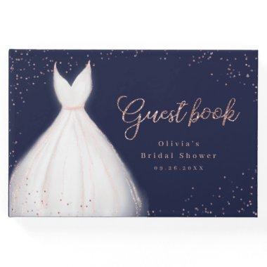 Navy Rose Gold Glitter Elegant Dress Bridal Shower Guest Book