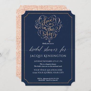Navy Rose Gold Glitter Typography Bridal Shower Invitations