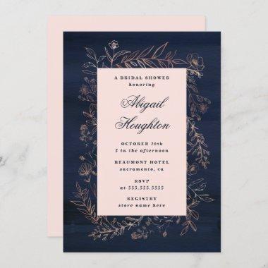 Navy & Rose Gold Meadow Frame Bridal Shower Invitations
