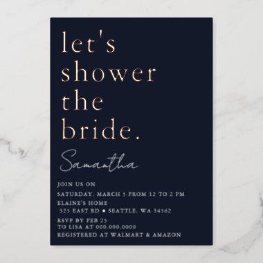 Navy Rose Gold Modern Bridal Shower Foil Invitations