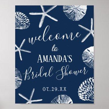 Navy Seashells Beach Wedding Bridal Shower Welcome Poster