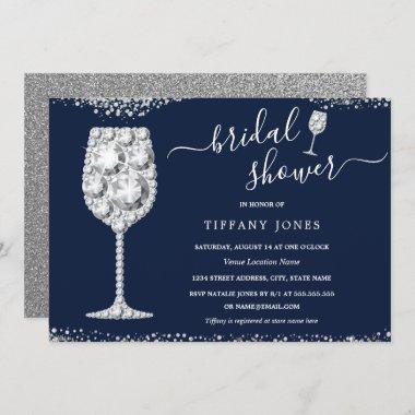 Navy Silver Diamond Bubbly Bridal Shower Invitations