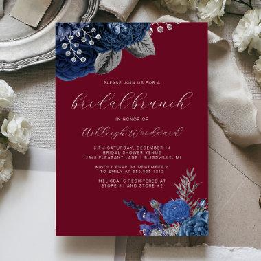 Navy Silver Floral Script Burgundy Bridal Brunch Invitations