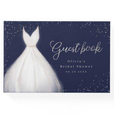 Navy Silver Glitter Elegant Dress Bridal Shower Guest Book