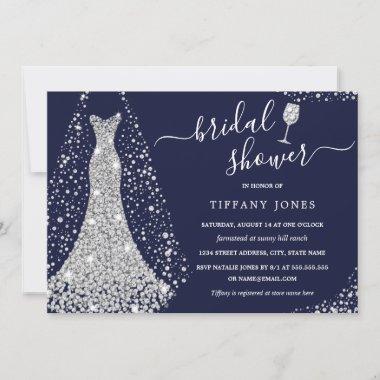 Navy Silver Wedding Dress Bridal Shower Invitations