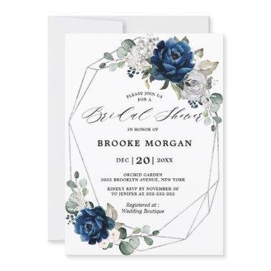 Navy Silver White Ivory Geometric Bridal Shower Invitations