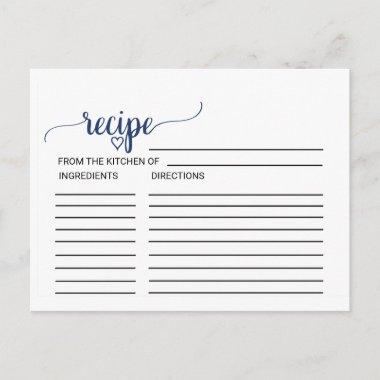 Navy Simple Calligraphy Bridal Shower Recipe Invitations