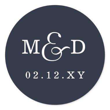 Navy Simple Modern Monogram Wedding Classic Round Sticker