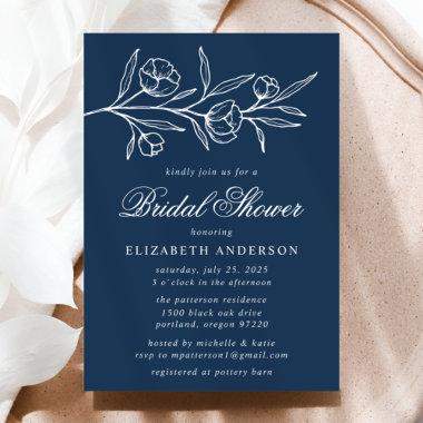 Navy Sketched Floral Bridal Shower Invitations