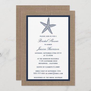 Navy Starfish Beach Burlap Bridal Shower Invitations