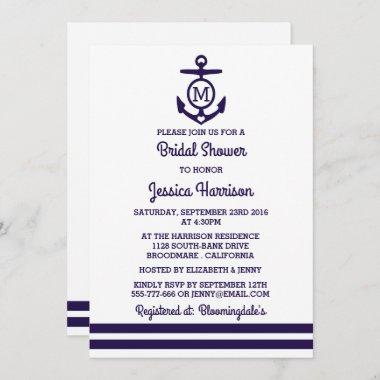 Navy Stripe Monogram Anchor Nautical Bridal Shower Invitations