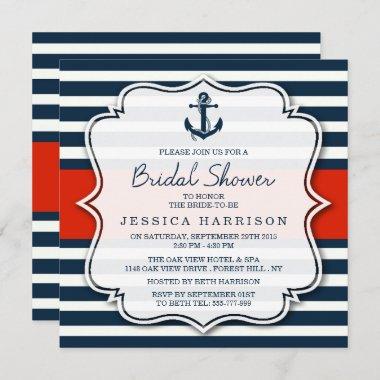 Navy Stripe Nautical Anchor Bridal Shower Invitations