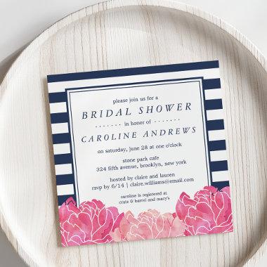 Navy Stripe & Pink Peony Bridal Shower Invitations