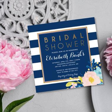 Navy Striped Floral Bridal Shower Invitations
