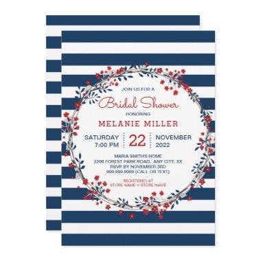 Navy Stripes floral wreath bridal shower invite