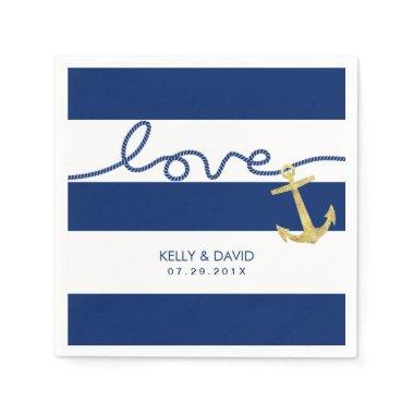 Navy Stripes Gold Anchor Tying the Knot Wedding Paper Napkins