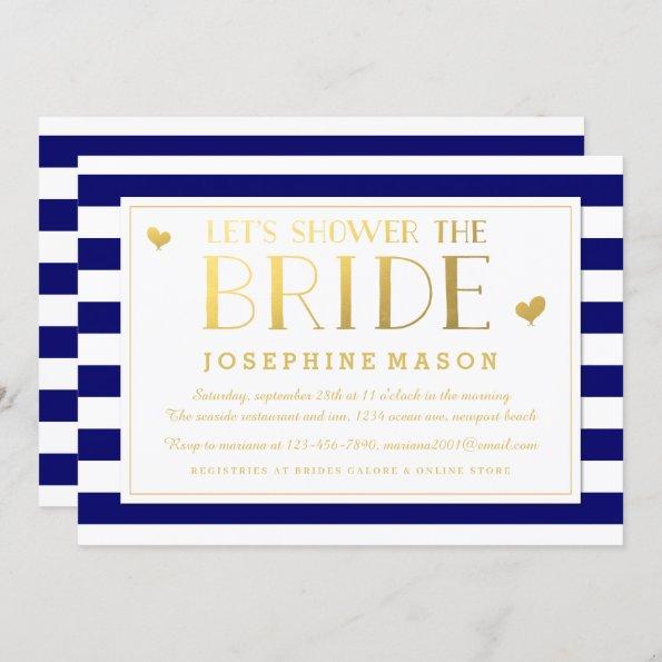 Navy Stripes Gold Hearts Bridal Shower Invitations