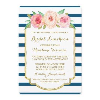 Navy Stripes Gold Pink Floral Bridal Lunch Invitations