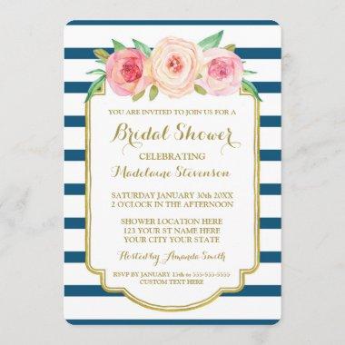 Navy Stripes Gold Pink Floral Bridal Shower Invitations