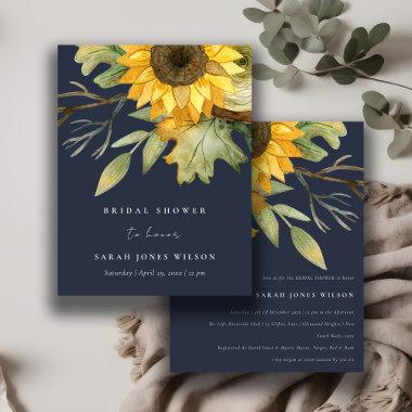 Navy Sunflower Watercolor Floral Bridal Shower Invitations