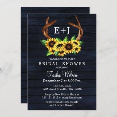 Navy Sunflowers Antlers Country Chic Bridal Shower Invitations