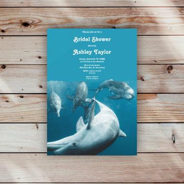 Navy Underwater Playful Dolphins Sea Bridal Shower Invitations