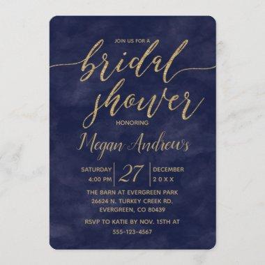 Navy Watercolor Gold Foil Bridal Shower Invitations