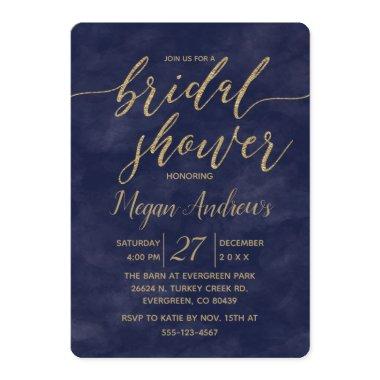 Navy Watercolor Gold Foil Bridal Shower Invitations