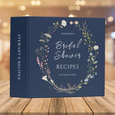 Navy Watercolor Wildflower Bridal Shower Recipes 3 Ring Binder