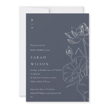 Navy Waterlily Floral Sketch Bridal Shower Invite