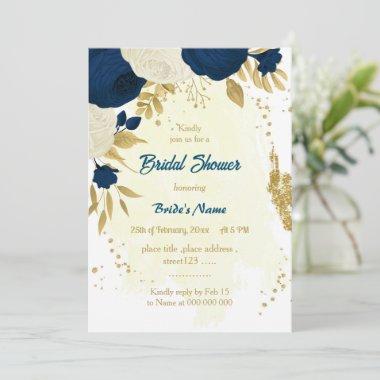 navy & white flowers gold bridal shower Invitations