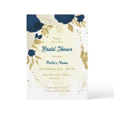 navy & white flowers gold bridal shower Invitations