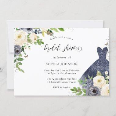 Navy & White Flowers With Dress Bridal Shower Invitations