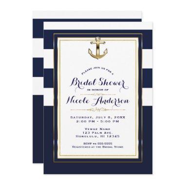 Navy White & Gold Anchor Nautical Bridal Shower Invitations