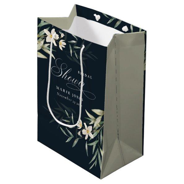 Navy White Greenery Floral Bunch Bridal Shower Medium Gift Bag