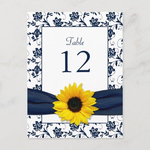 Navy White Sunflower Damask Wedding Table Card