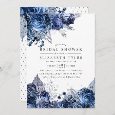 Navy & White with Silver Foil Floral Bridal Shower Invitations