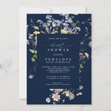 Navy Wildflower Meadow Garden Bridal Shower Invitations