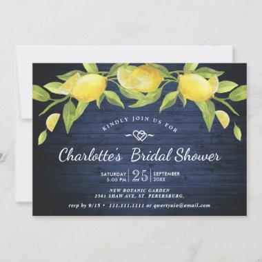 Navy Wood & Lemons Greenery Rustic Bridal Shower Invitations