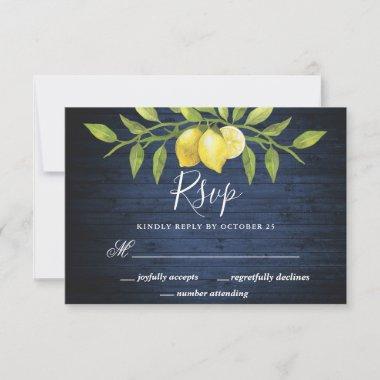 Navy Wood & Lemons Greenery Wedding RSVP Card