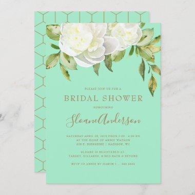 Neo Mint Spring Floral Peony Bridal Shower Invitations