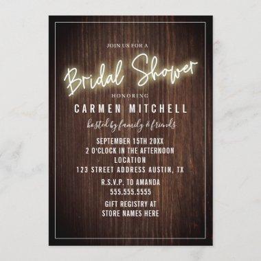 Neon Bridal Shower White Sign Wood Background Invitations