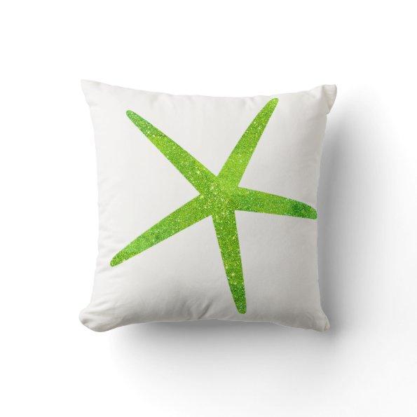 Neon Green Glitter Ombre Sparkle Starfish White Throw Pillow