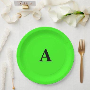 Neon Green Monogram Initial White Custom Modern Paper Plates