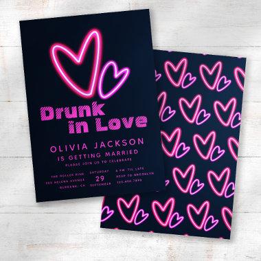 Neon Pink Hearts Drunk in Love Bridal Shower Invitations